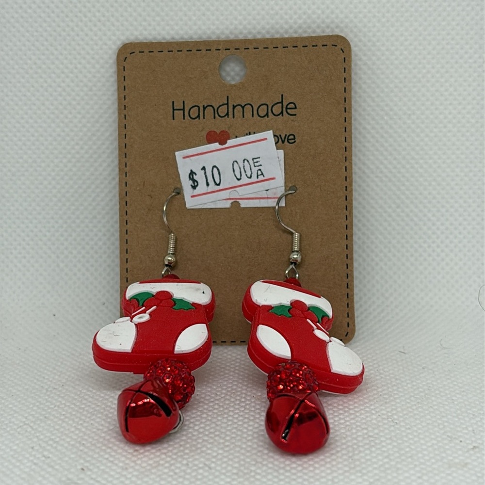 Handmade Christmas Stocking Rhinestone Bell Earrings - Picture 6 of 13
